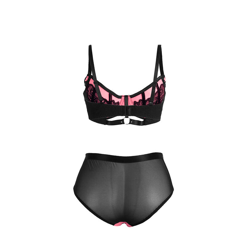 Ensemble Subblime a plat, soutien-gorge dentelle rose a armatures et culotte resille noire, parure deux pieces structuree aux finitions contrastees.