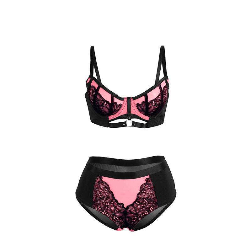 Ensemble Subblime a plat, soutien-gorge dentelle rose a armatures et culotte resille noire, parure deux pieces structuree presentee sur fond blanc.