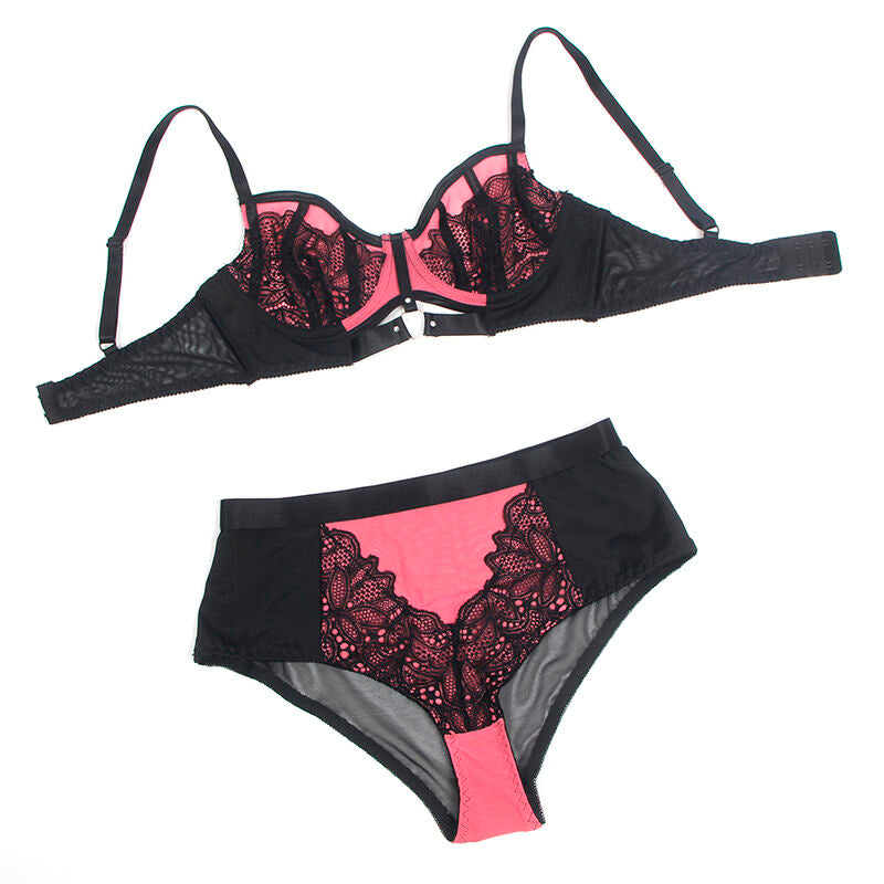 Ensemble lingerie Subblime a plat, soutien-gorge dentelle rose a armatures et culotte taille haute resille, parure deux pieces structuree sur fond blanc.