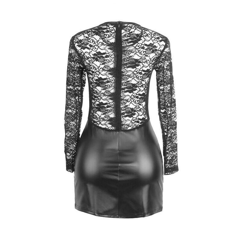 Robe lingerie manches longues similicuir et dentelle — vue principale 2