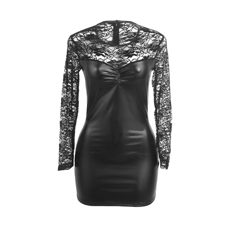 Robe lingerie manches longues similicuir et dentelle — vue trois quarts