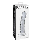 Boite Icicles hand blown glass massager, masseur en verre veine a base plate, visuel produit clair compatible harnais pour stimulation du point G ou du point P.