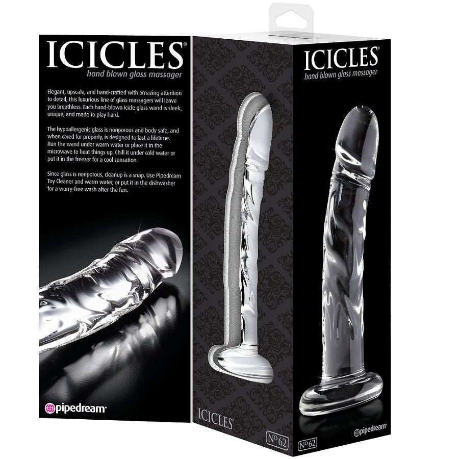Coffret Icicles en verre transparent veine a base plate presente avec sa boite noire, masseur non poreux compatible harnais pour le point G et jeux de temperature.