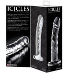 Coffret Icicles en verre transparent veine a base plate presente avec sa boite noire, masseur non poreux compatible harnais pour le point G et jeux de temperature.