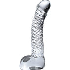Gode en verre transparent veine a relief tresse et base ronde, surface lisse non poreuse courbee pour le point G ou le point P avec jeux de temperature chaud-froid.