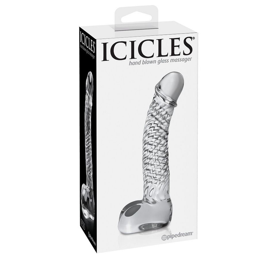 Boite Icicles hand blown glass massager, gode en verre transparent veine a base plate, visuel produit sobre pour stimulation du point G et jeux de temperature.