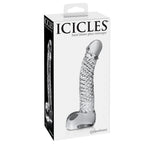 Boite Icicles hand blown glass massager, gode en verre transparent veine a base plate, visuel produit sobre pour stimulation du point G et jeux de temperature.