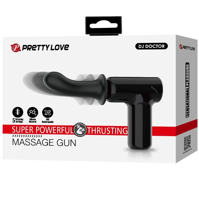 Boite Pretty Love DJ Doctor Super Powerful Thrusting Massage Gun, packaging du pistolet de massage noir à cinq réglages de va-et-vient en silicone.