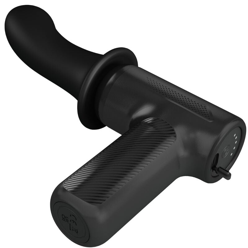 Pistolet de massage DJ Scholar noir vu de profil bas, embout en silicone fixé sur la tête thrust compacte, machine de va-et-vient puissante rechargeable USB.