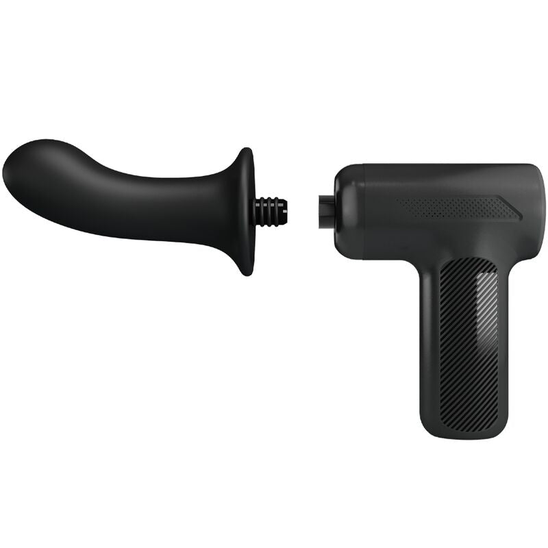 Pistolet de massage DJ Scholar noir et son embout en silicone démonté à vis, tête thrust interchangeable, machine de va-et-vient puissante rechargeable USB.