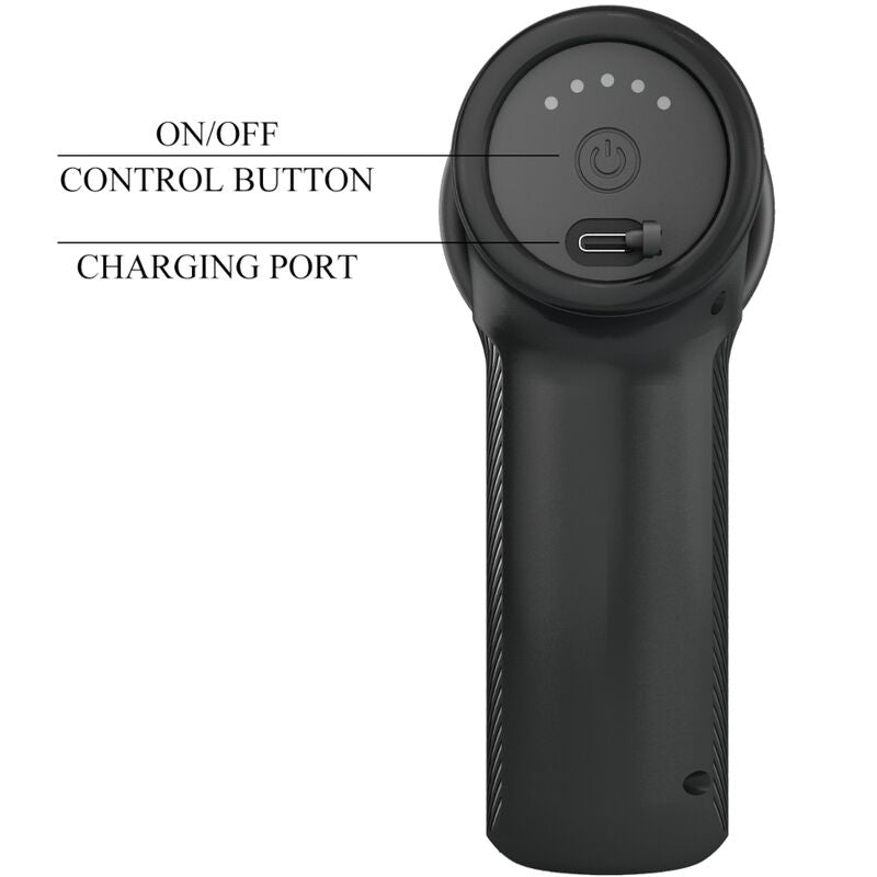 Poignée du pistolet de massage DJ Scholar noir annotée, bouton marche-arrêt de commande et port de charge repérés, machine de va-et-vient rechargeable USB.