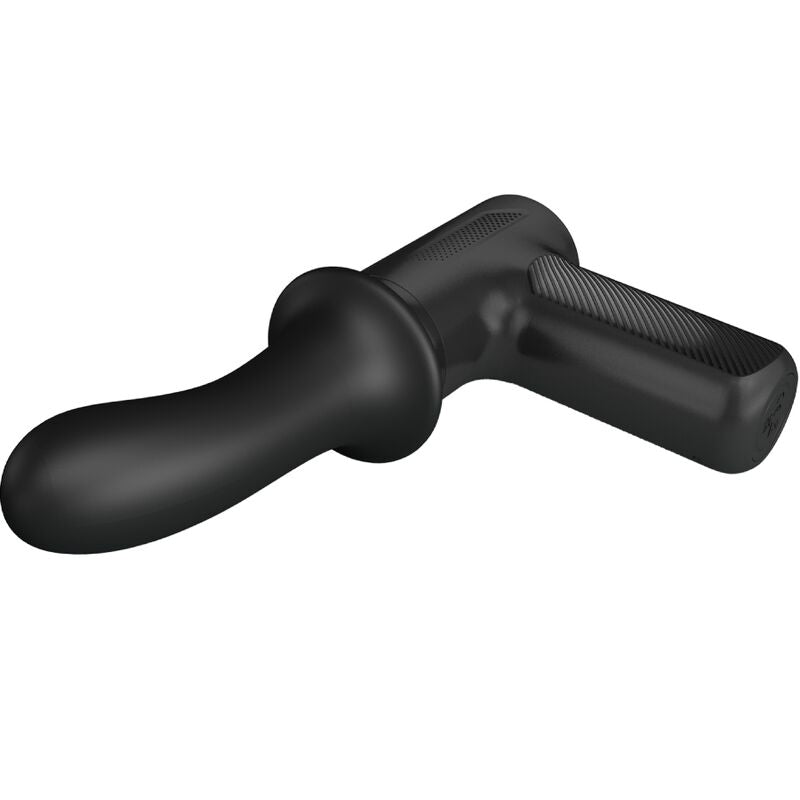 Pistolet de massage DJ Scholar noir de dessus, embout courbe en silicone et poignée texturée, machine de va-et-vient à tête interchangeable rechargeable.