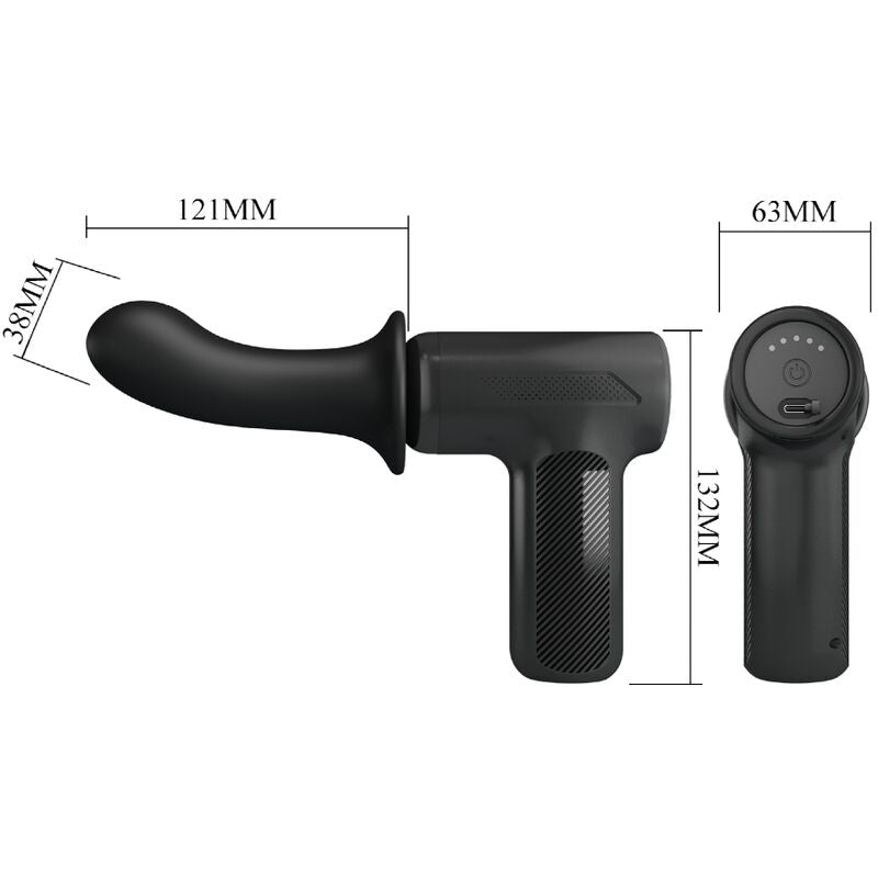 Schéma coté du pistolet de massage DJ Scholar noir, embout de 121 mm et machine de 132 et 63 mm, tête en silicone interchangeable pour le va-et-vient.