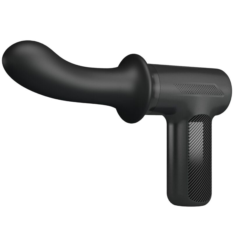 Pistolet de massage DJ Scholar noir de profil, embout en silicone monté sur la tête thrust et poignée texturée, machine de va-et-vient puissante et discrète.
