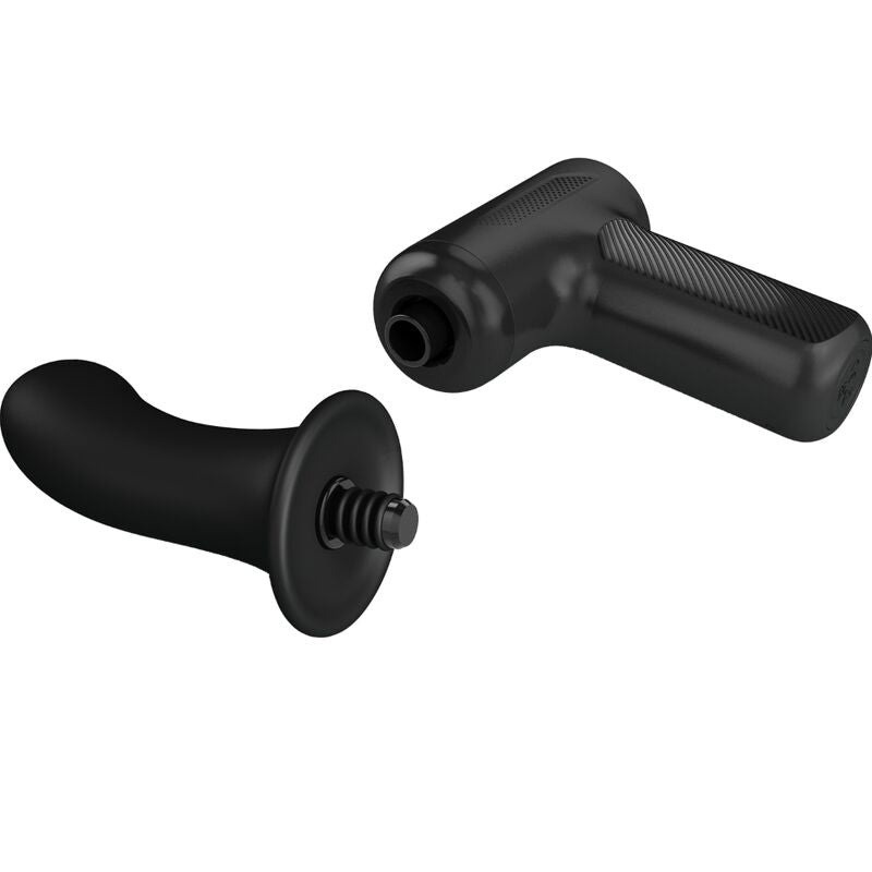 Pistolet de massage DJ Scholar noir avec embout en silicone à ventouse et bague, tête thrust compacte, machine de va-et-vient puissante et discrète.