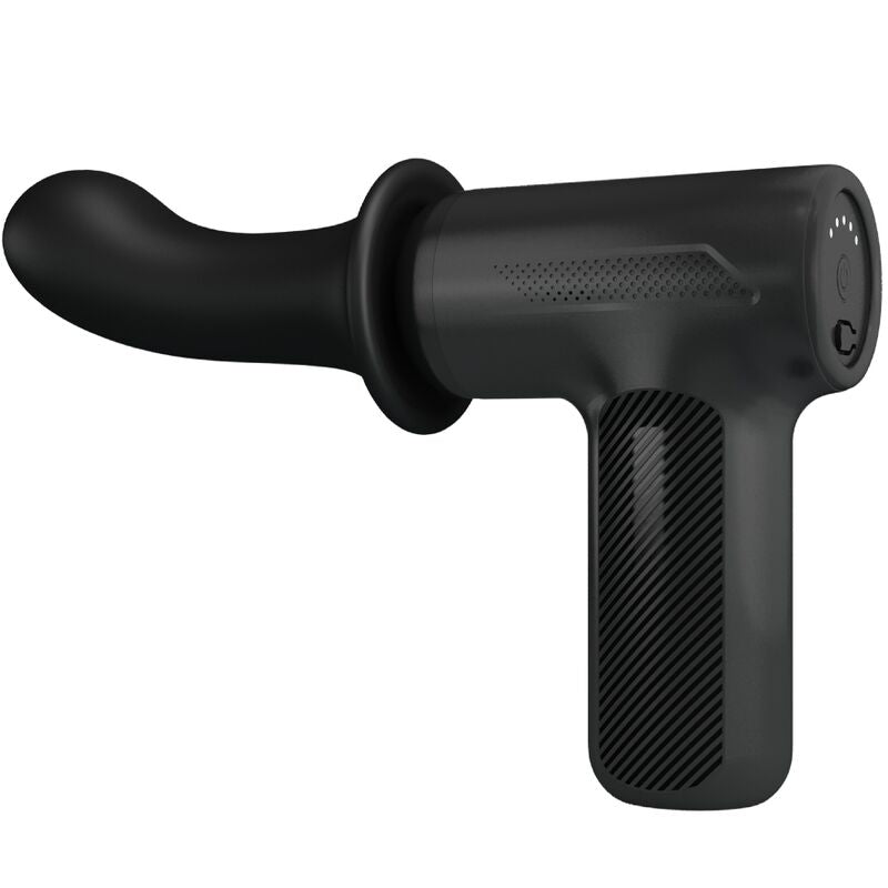 Pistolet de massage DJ Scholar noir de trois quarts, embout en silicone à anneau et poignée ergonomique, machine de va-et-vient à cinq réglages puissants.