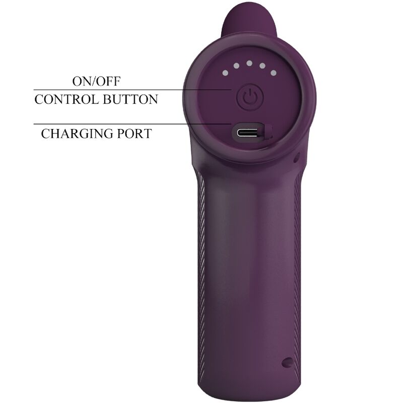 Poignée du pistolet de massage DJ Scholar violet annotée, bouton marche-arrêt et port de charge repérés, machine de va-et-vient puissante rechargeable USB.