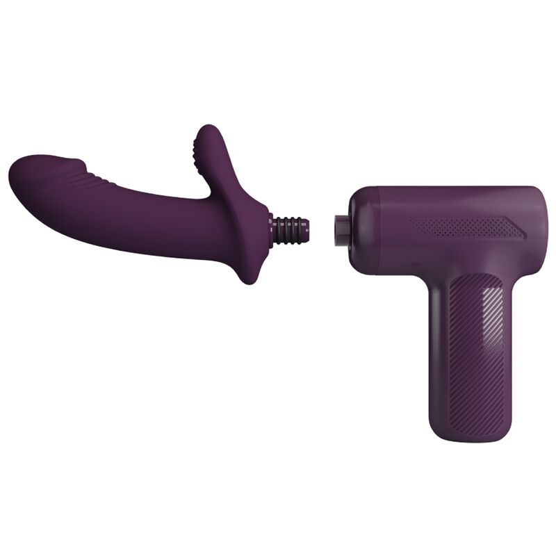 Pistolet de massage DJ Scholar violet et son embout en silicone démonté à vis, tête thrust interchangeable, machine de va-et-vient puissante rechargeable.