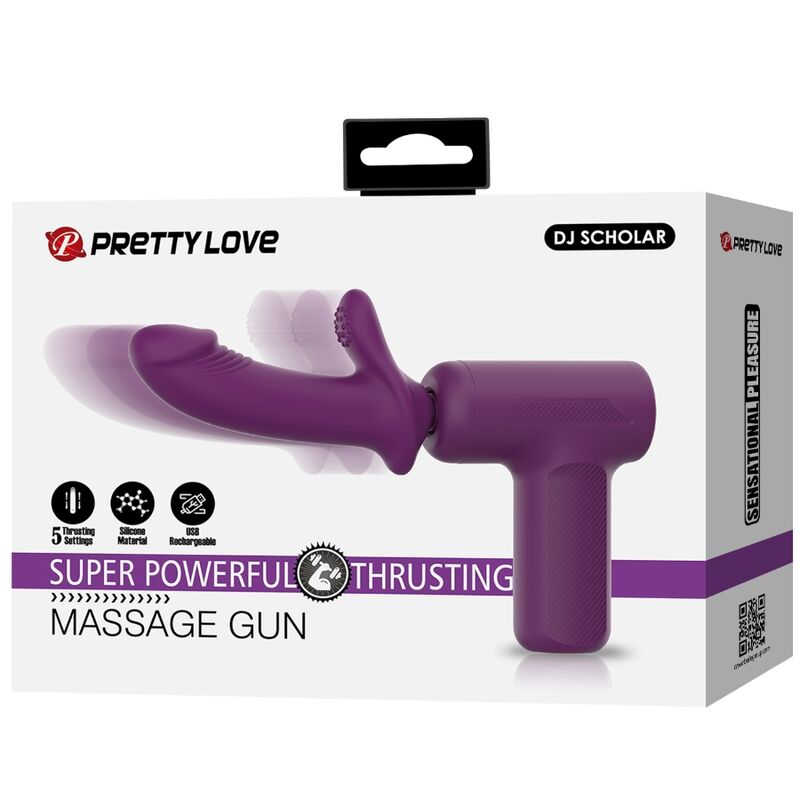 Boite Pretty Love DJ Scholar Super Powerful Thrusting Massage Gun, packaging du pistolet de massage violet à cinq réglages de va-et-vient en silicone.