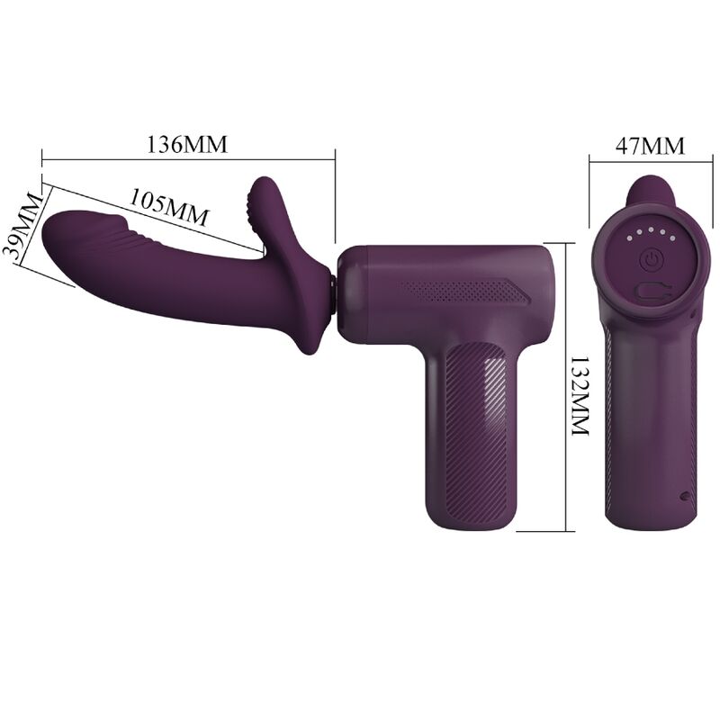 Schéma coté du pistolet de massage DJ Scholar violet, embout de 136 et 105 mm et machine de 132 mm, tête en silicone interchangeable pour le va-et-vient.