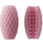 Masturbateur Athena rose presente ferme et en coupe revelant le tunnel interne nervure, gaine souple a relief losange double entree en silicone.