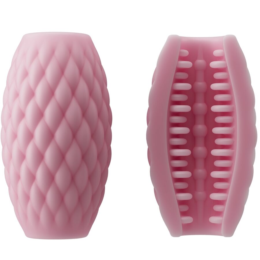 Masturbateur Athena rose presente ferme et en coupe revelant le tunnel interne nervure, gaine souple a relief losange double entree en silicone.