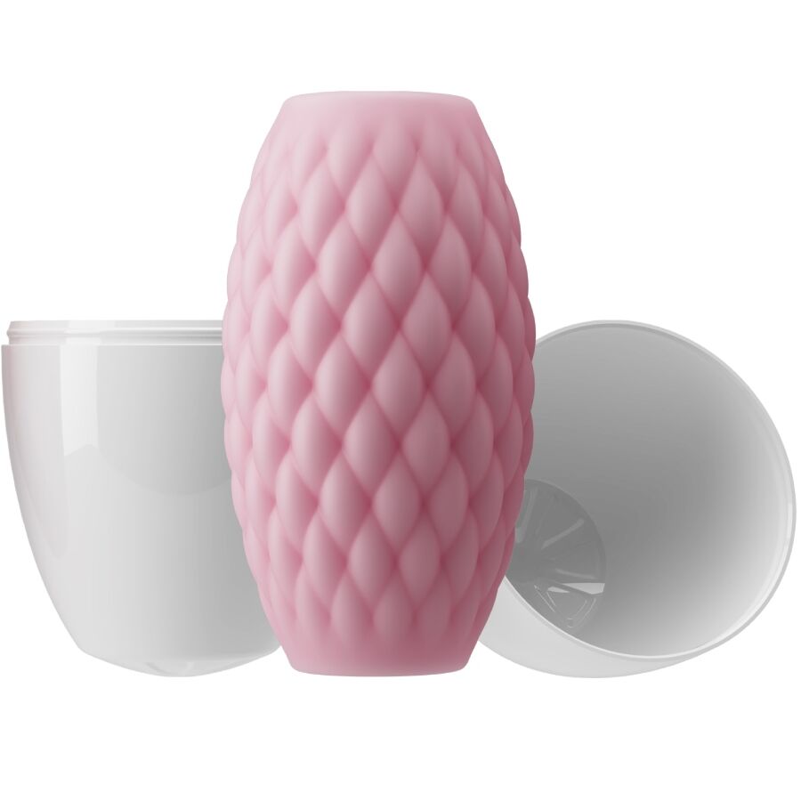 Masturbateur Athena rose sorti de son etui rigide ouvert, gaine souple a relief losange en silicone, coque protectrice pour le transport.