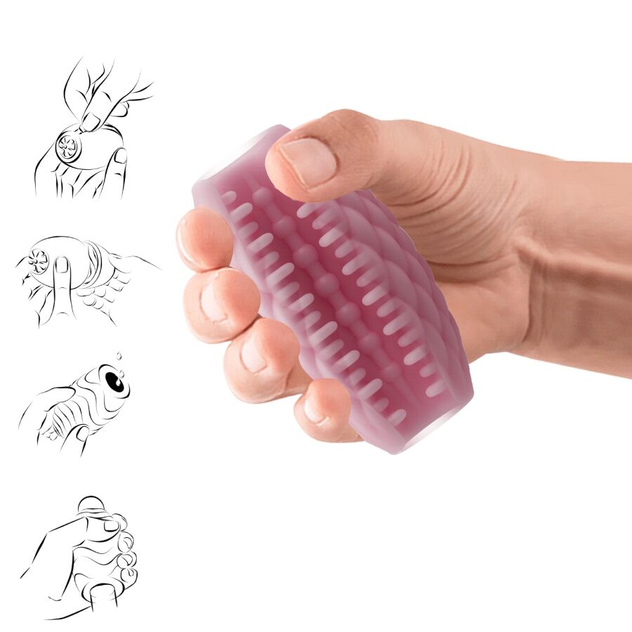 Masturbateur Athena rose presse en main et en coupe montrant le tunnel interne texture, gaine souple a relief losange double entree en silicone.