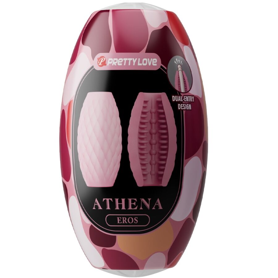 Etui Pretty Love Athena Eros camouflage rose presentant le masturbateur rose double entree, gaine souple a relief losange en silicone reversible.