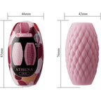 Schema du masturbateur Athena rose avec cotes 46 et 42 mm de large, 85 et 76 mm de haut, gaine silicone double entree dans son etui Eros.