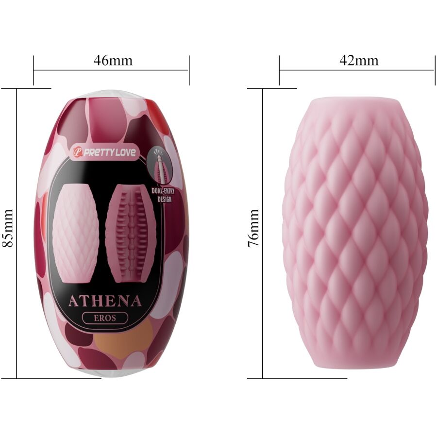 Schema du masturbateur Athena rose avec cotes 46 et 42 mm de large, 85 et 76 mm de haut, gaine silicone double entree dans son etui Eros.