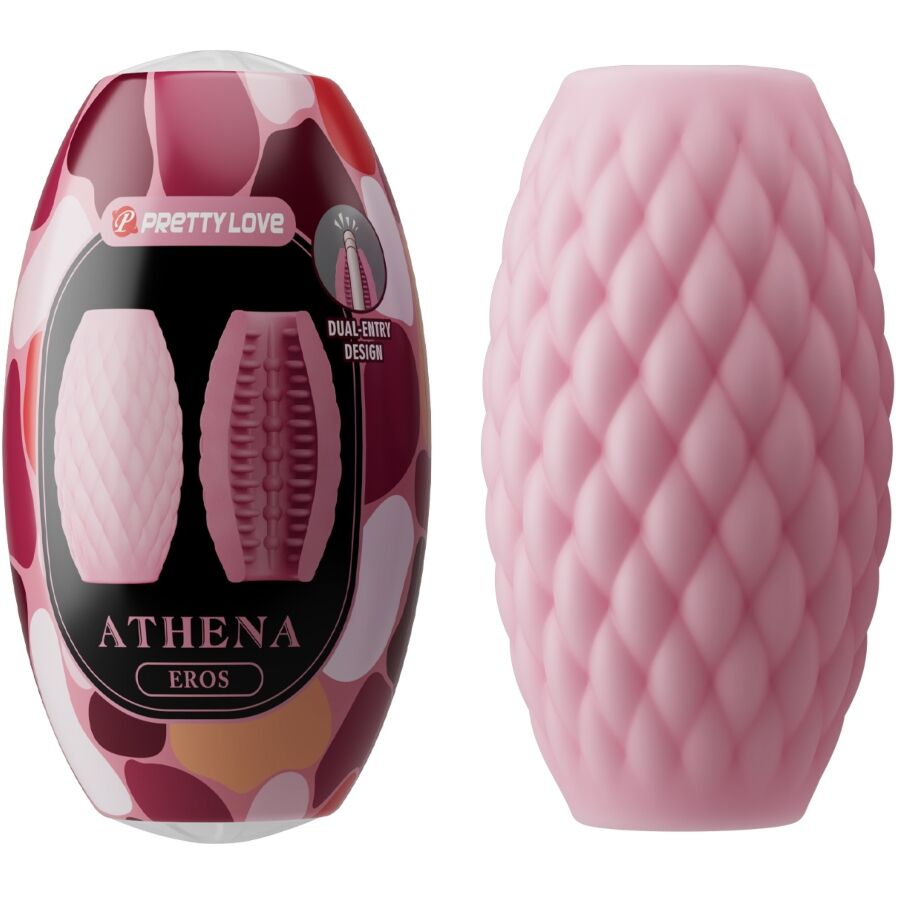 Masturbateur Athena rose pose pres de son etui camouflage Eros, gaine souple a relief losange en silicone double entree, format compact nomade.