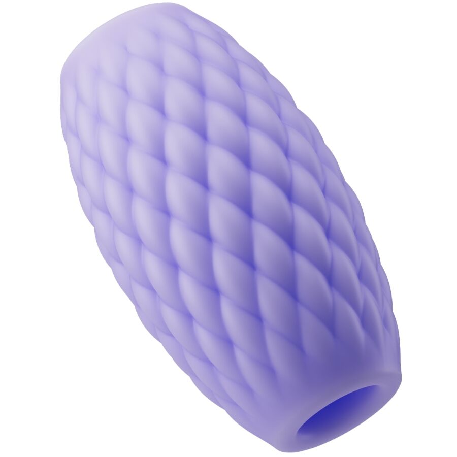 Masturbateur Athena violet vu de face, surface a relief losange en silicone souple avec entree texturee, format reversible compact et nomade.