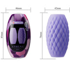 Schema du masturbateur Athena violet avec cotes 46 et 42 mm de large, 85 et 76 mm de haut, gaine silicone double entree dans son etui Eros.