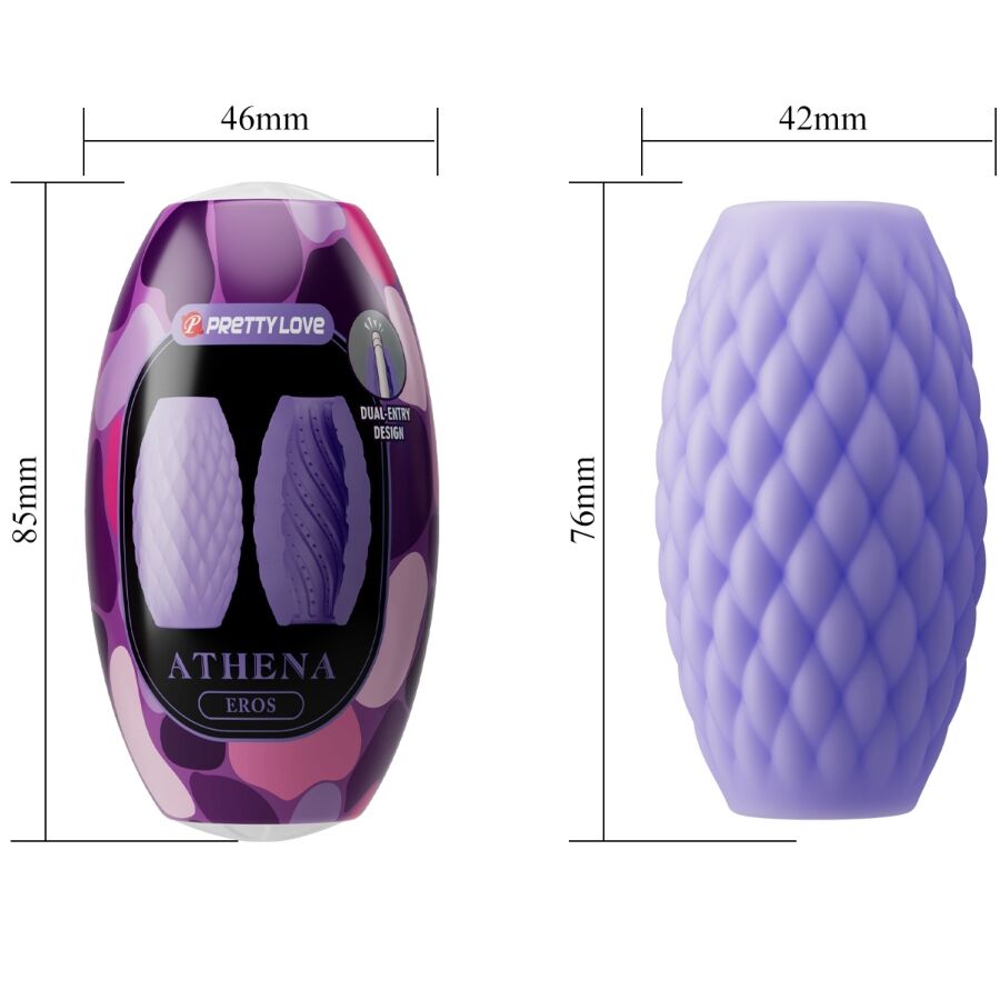 Schema du masturbateur Athena violet avec cotes 46 et 42 mm de large, 85 et 76 mm de haut, gaine silicone double entree dans son etui Eros.