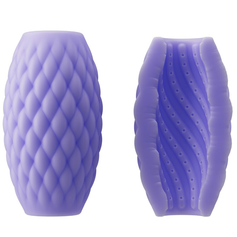 Masturbateur Athena violet vu de profil et en coupe montrant le tunnel interne ondule, gaine souple a relief losange double entree en silicone.