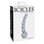 Boite Icicles hand blown glass massager, baguette en verre a perles graduees, visuel produit epure pour decouvrir le verre et la stimulation du point G ou P.