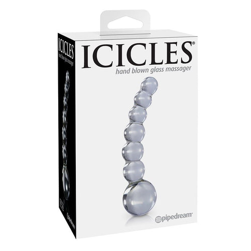 Boite Icicles hand blown glass massager, baguette en verre a perles graduees, visuel produit epure pour decouvrir le verre et la stimulation du point G ou P.