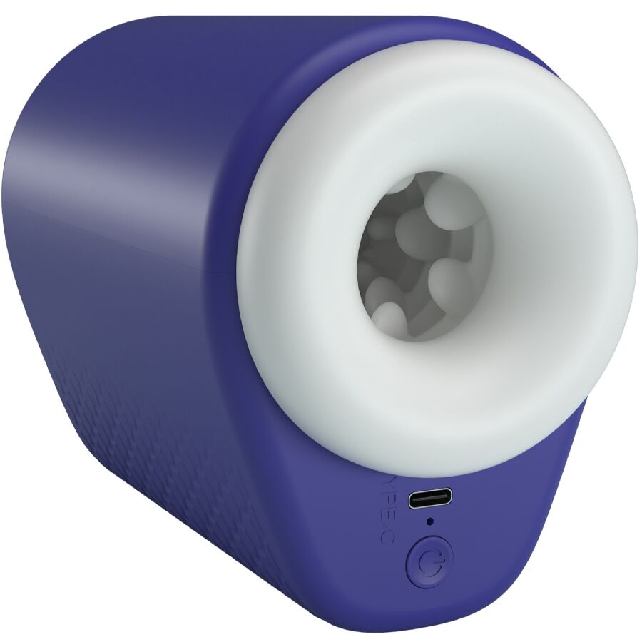 Masturbateur automatique Pretty Love violet vu de trois quarts, col blanc a gaine en etoile texturee, coque ergonomique et port USB pour un usage vibrant mains libres
