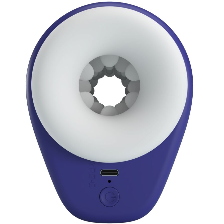 Masturbateur automatique Pretty Love violet de face, large orifice a gaine interne en etoile texturee souple, bouton et port USB, ventouse pour un usage solo vibrant