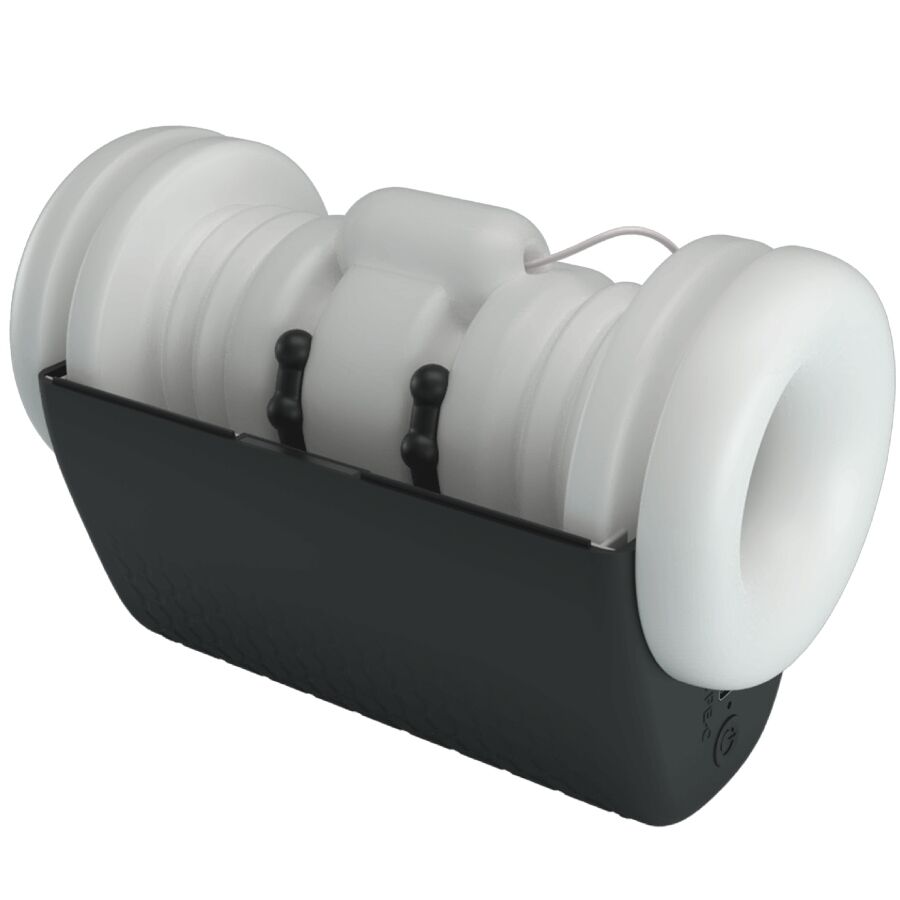 Masturbateur Pretty Love vu de cote, gaine interne blanche striee logee dans sa coque noire ouverte, orifice souple texture en TPR pour des sensations enveloppantes