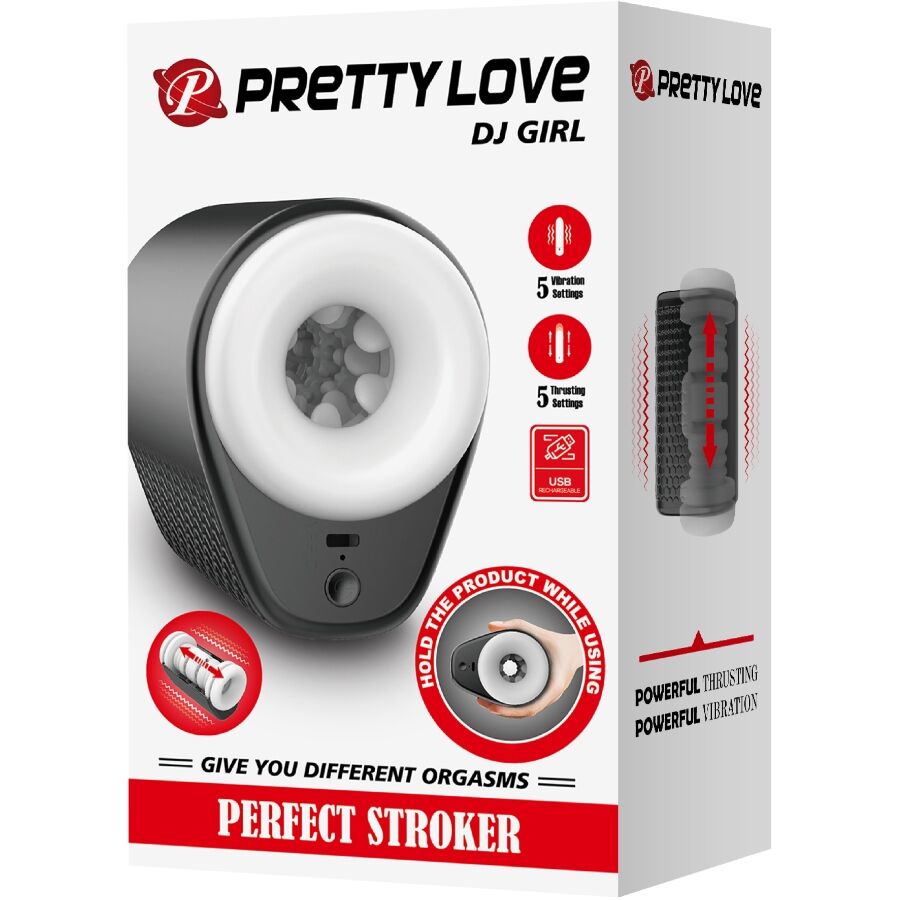 Boite Perfect Stroker DJ Girl Pretty Love, visuel du masturbateur noir a gaine en etoile et de sa cartouche rouge, pictos puissant rechargeable USB et 5 fonctions