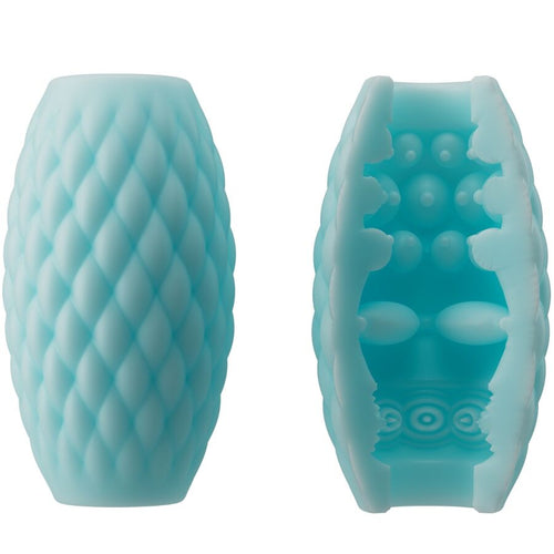 Masturbateur Athena bleu vert presente ferme et en coupe revelant le tunnel interne texture, coque souple a relief losange double entree.