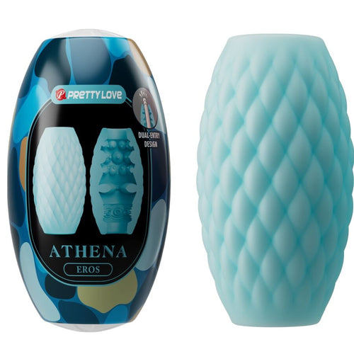 Masturbateur Athena Eros bleu vert vu de face dans son etui camouflage, coque souple a relief losange en silicone, format reversible double entree.