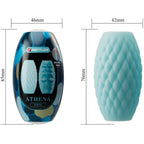 Schema du masturbateur Athena bleu vert avec cotes 46 et 42 mm de large, 85 et 76 mm de haut, gaine silicone double entree dans son etui Eros.