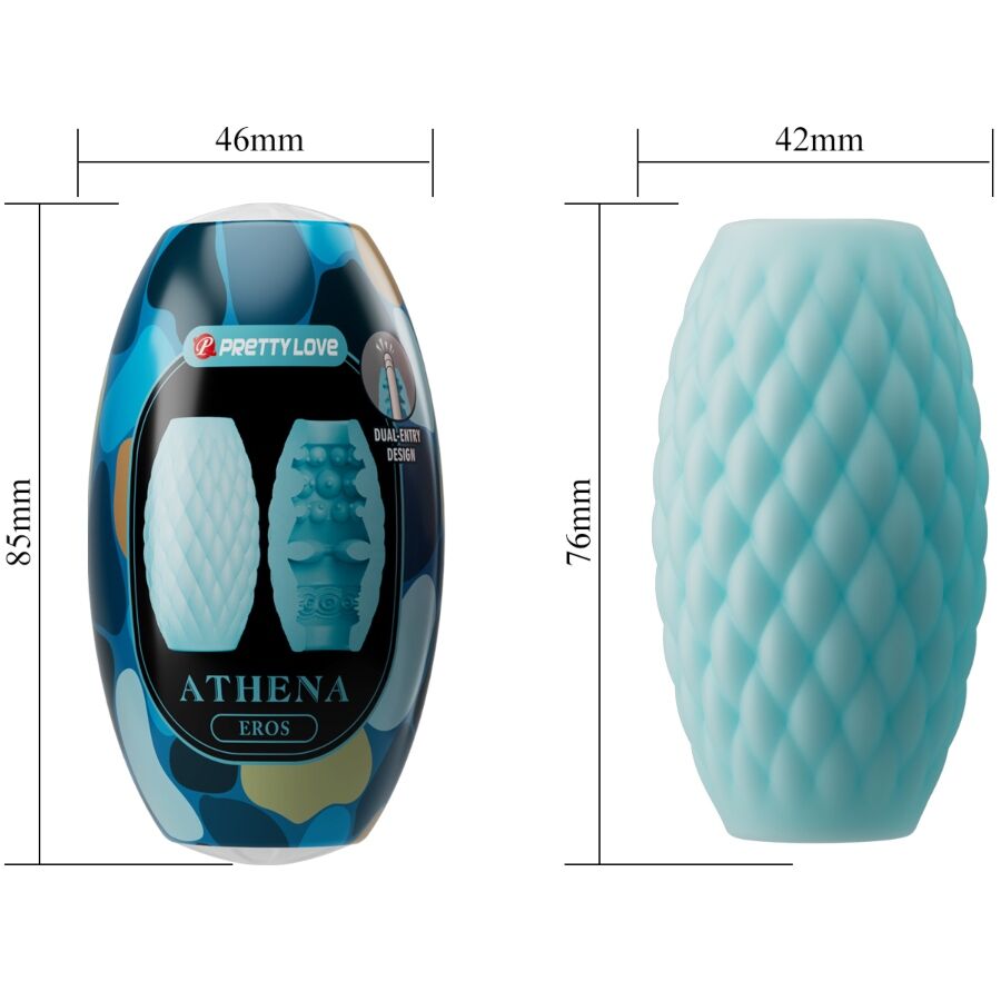 Schema du masturbateur Athena bleu vert avec cotes 46 et 42 mm de large, 85 et 76 mm de haut, gaine silicone double entree dans son etui Eros.