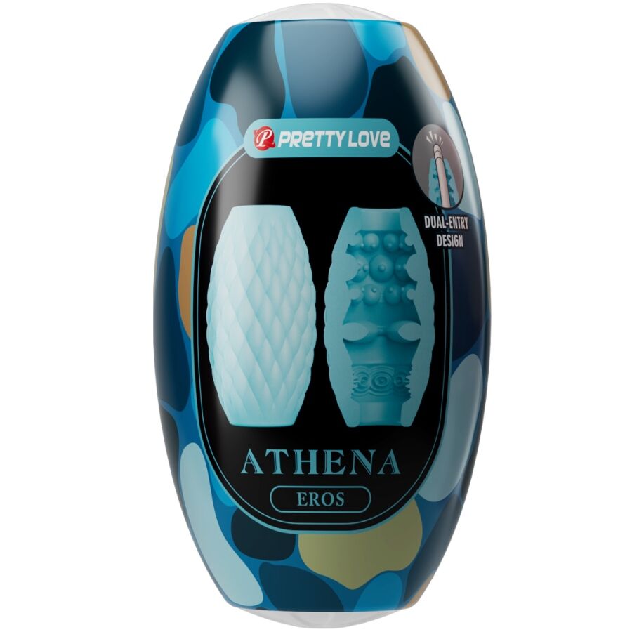 Etui Pretty Love Athena Eros camouflage bleu presentant le masturbateur reversible double entree, gaine souple a relief losange en silicone.