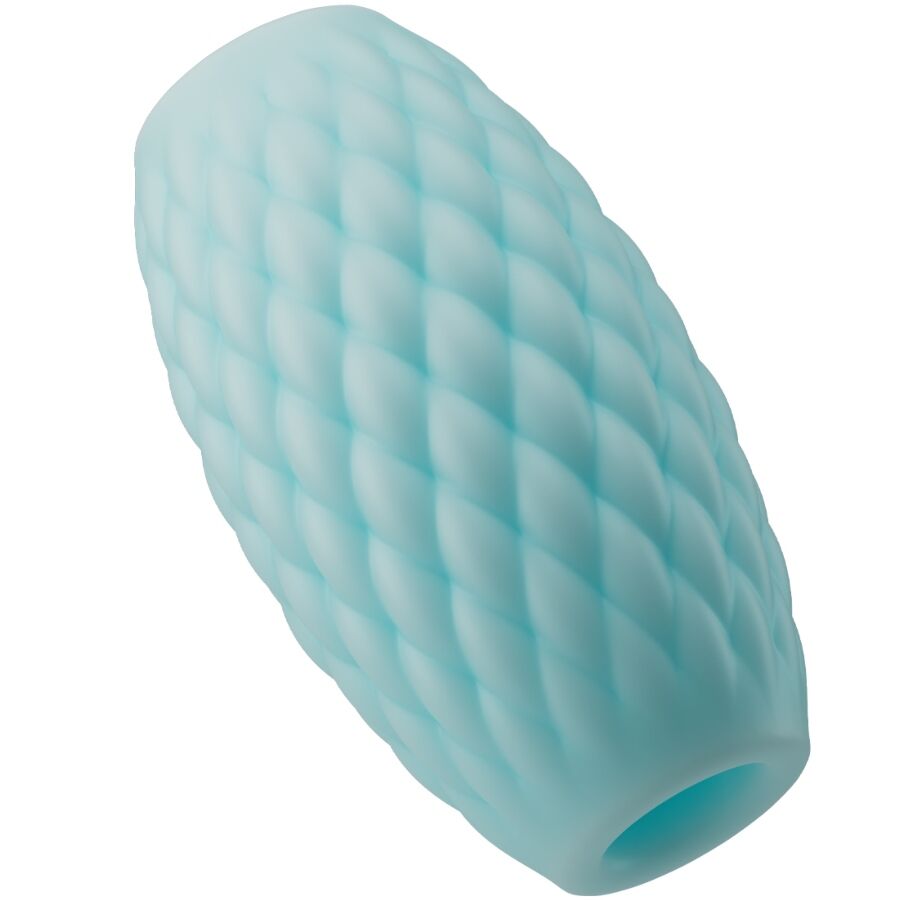 Masturbateur Athena bleu vert vu de profil et de dos, surface a relief losange en silicone souple avec entree texturee, format compact nomade.