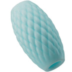 Masturbateur Athena bleu vert vu de profil et de dos, surface a relief losange en silicone souple avec entree texturee, format compact nomade.