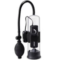 Pompe a penis vibrante Pump Worx a cylindre transparent, poire-pompe et molette de vibration a la base, valve de relachement rapide pour debuter par succion.
